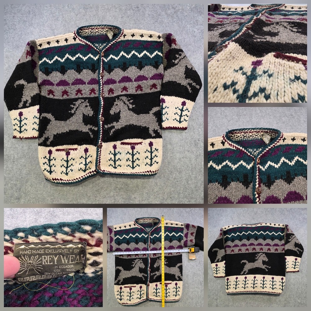 Rey Wear Sweater Womens XL? Multicolor Wool Horse Hand Knit Cardigan Ecuador